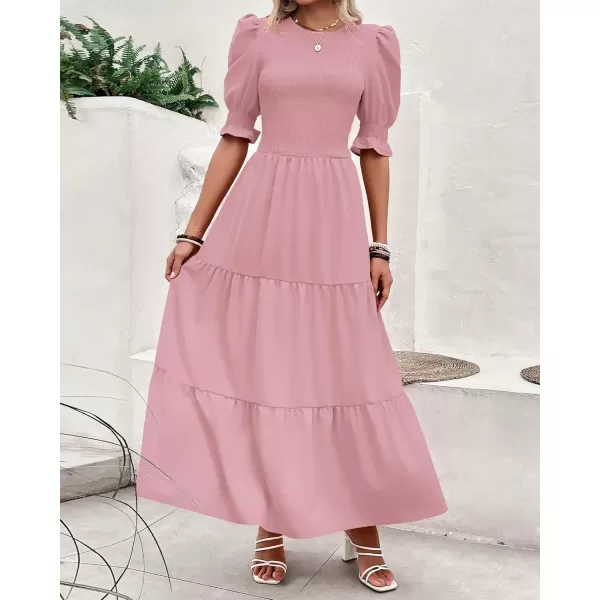 BTFBM Women Casual Summer Dresses 2024 Spring Crew Neck Ruffle Short Sleeve Floral Print Smocked Boho Flowy Maxi DressSolid Light Pink