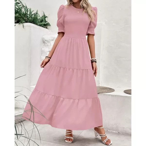 BTFBM Women Casual Summer Dresses 2024 Spring Crew Neck Ruffle Short Sleeve Floral Print Smocked Boho Flowy Maxi DressSolid Light Pink