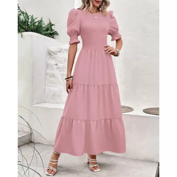 BTFBM Women Casual Summer Dresses 2024 Spring Crew Neck Ruffle Short Sleeve Floral Print Smocked Boho Flowy Maxi DressSolid Light Pink