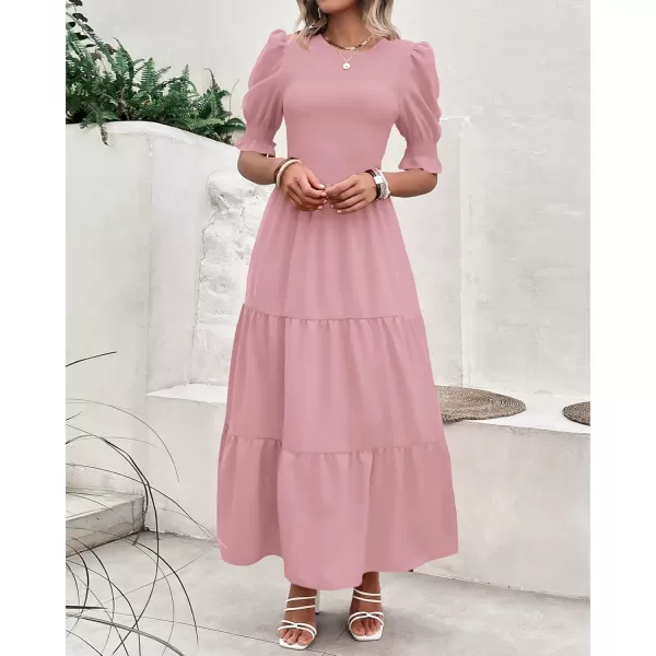 BTFBM Women Casual Summer Dresses 2024 Spring Crew Neck Ruffle Short Sleeve Floral Print Smocked Boho Flowy Maxi DressSolid Light Pink