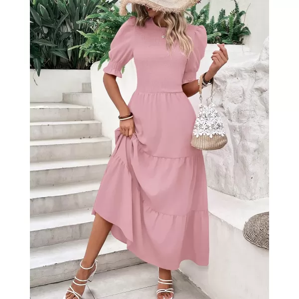 BTFBM Women Casual Summer Dresses 2024 Spring Crew Neck Ruffle Short Sleeve Floral Print Smocked Boho Flowy Maxi DressSolid Light Pink