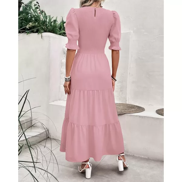 BTFBM Women Casual Summer Dresses 2024 Spring Crew Neck Ruffle Short Sleeve Floral Print Smocked Boho Flowy Maxi DressSolid Light Pink