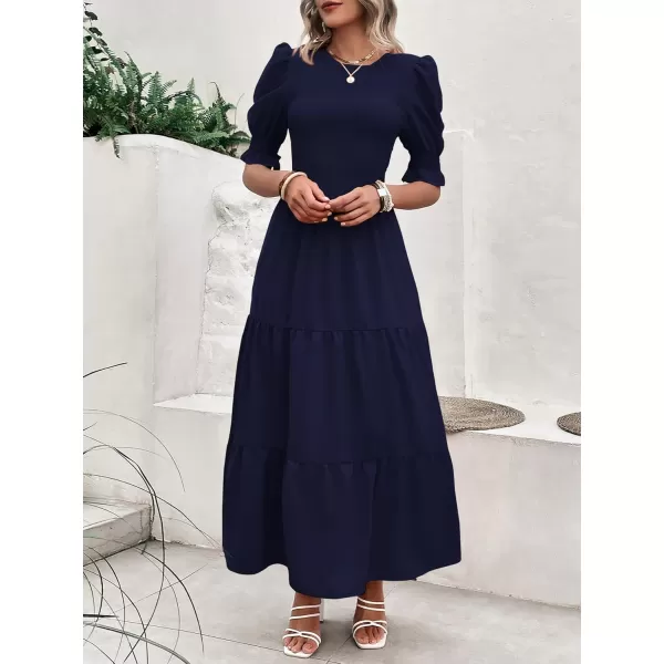 BTFBM Women Casual Summer Dresses 2024 Spring Crew Neck Ruffle Short Sleeve Floral Print Smocked Boho Flowy Maxi DressSolid Navy