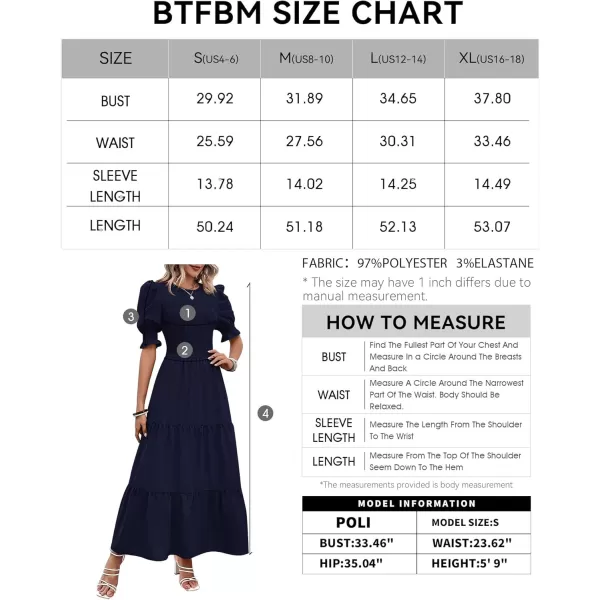 BTFBM Women Casual Summer Dresses 2024 Spring Crew Neck Ruffle Short Sleeve Floral Print Smocked Boho Flowy Maxi DressSolid Navy