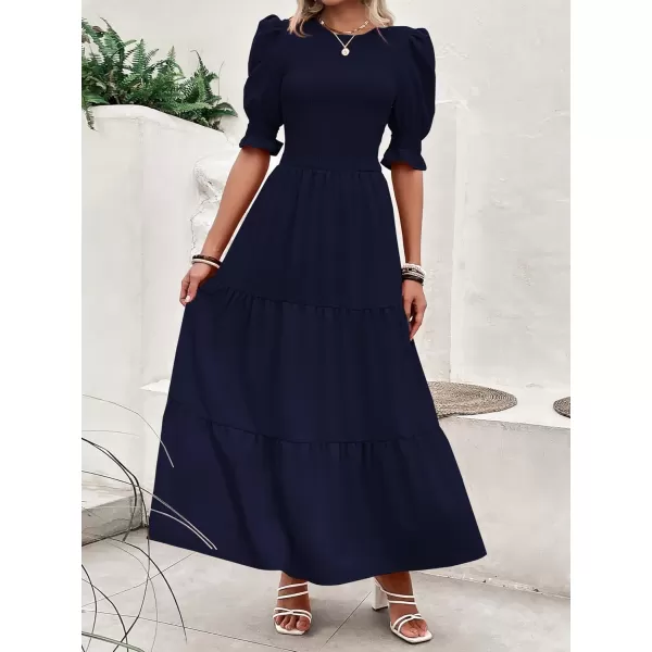 BTFBM Women Casual Summer Dresses 2024 Spring Crew Neck Ruffle Short Sleeve Floral Print Smocked Boho Flowy Maxi DressSolid Navy