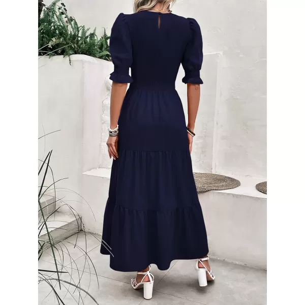 BTFBM Women Casual Summer Dresses 2024 Spring Crew Neck Ruffle Short Sleeve Floral Print Smocked Boho Flowy Maxi DressSolid Navy
