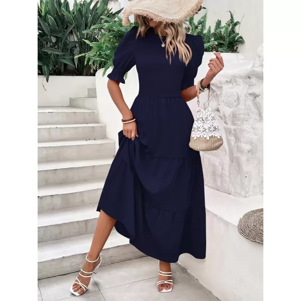 BTFBM Women Casual Summer Dresses 2024 Spring Crew Neck Ruffle Short Sleeve Floral Print Smocked Boho Flowy Maxi DressSolid Navy