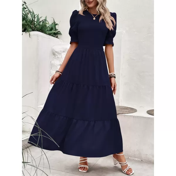 BTFBM Women Casual Summer Dresses 2024 Spring Crew Neck Ruffle Short Sleeve Floral Print Smocked Boho Flowy Maxi DressSolid Navy