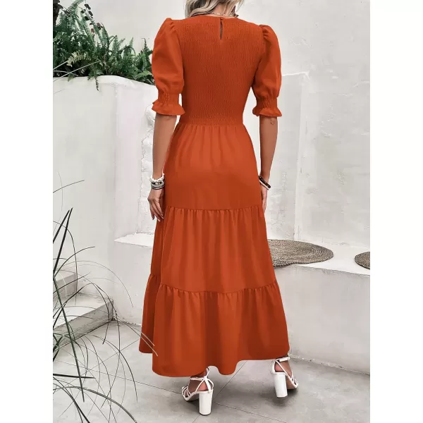 BTFBM Women Casual Summer Dresses 2024 Spring Crew Neck Ruffle Short Sleeve Floral Print Smocked Boho Flowy Maxi DressSolid Orange
