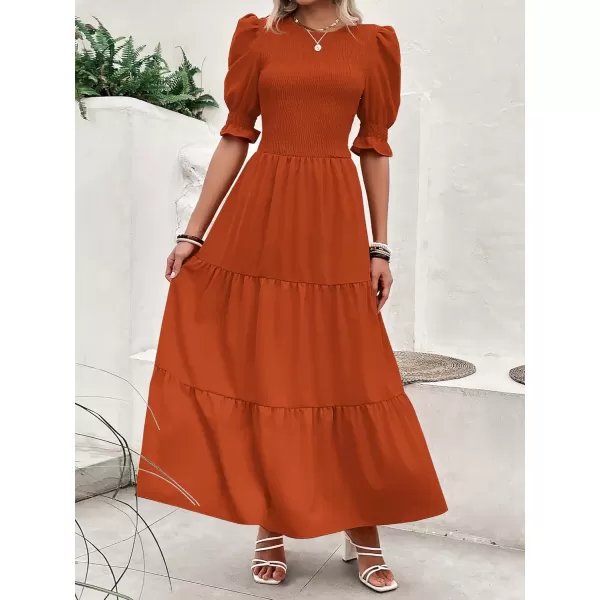 BTFBM Women Casual Summer Dresses 2024 Spring Crew Neck Ruffle Short Sleeve Floral Print Smocked Boho Flowy Maxi DressSolid Orange