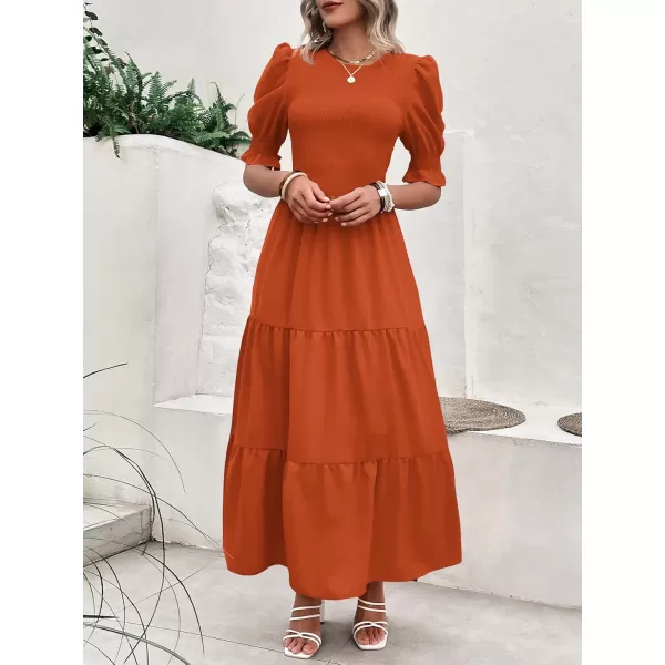 BTFBM Women Casual Summer Dresses 2024 Spring Crew Neck Ruffle Short Sleeve Floral Print Smocked Boho Flowy Maxi DressSolid Orange