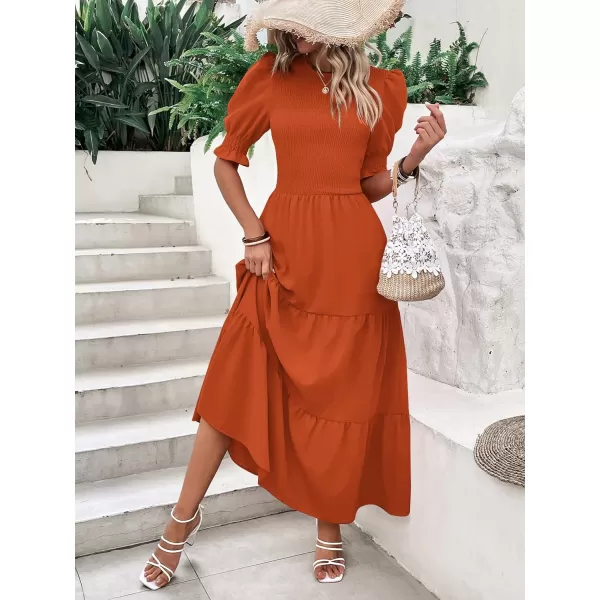 BTFBM Women Casual Summer Dresses 2024 Spring Crew Neck Ruffle Short Sleeve Floral Print Smocked Boho Flowy Maxi DressSolid Orange