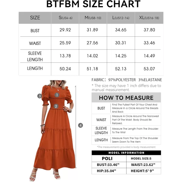 BTFBM Women Casual Summer Dresses 2024 Spring Crew Neck Ruffle Short Sleeve Floral Print Smocked Boho Flowy Maxi DressSolid Orange