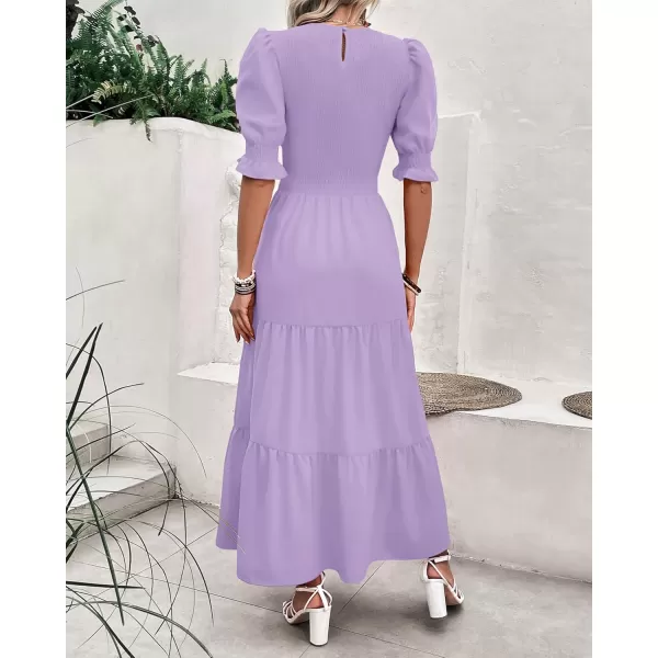 BTFBM Women Casual Summer Dresses 2024 Spring Crew Neck Ruffle Short Sleeve Floral Print Smocked Boho Flowy Maxi DressSolid Purple