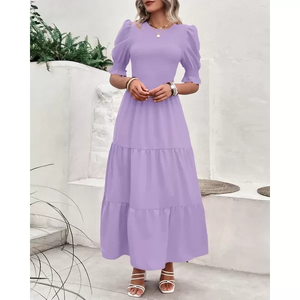 BTFBM Women Casual Summer Dresses 2024 Spring Crew Neck Ruffle Short Sleeve Floral Print Smocked Boho Flowy Maxi DressSolid Purple