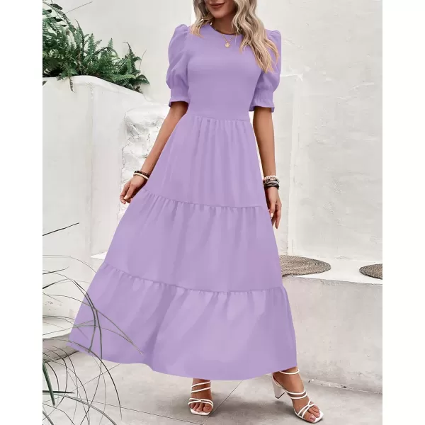 BTFBM Women Casual Summer Dresses 2024 Spring Crew Neck Ruffle Short Sleeve Floral Print Smocked Boho Flowy Maxi DressSolid Purple