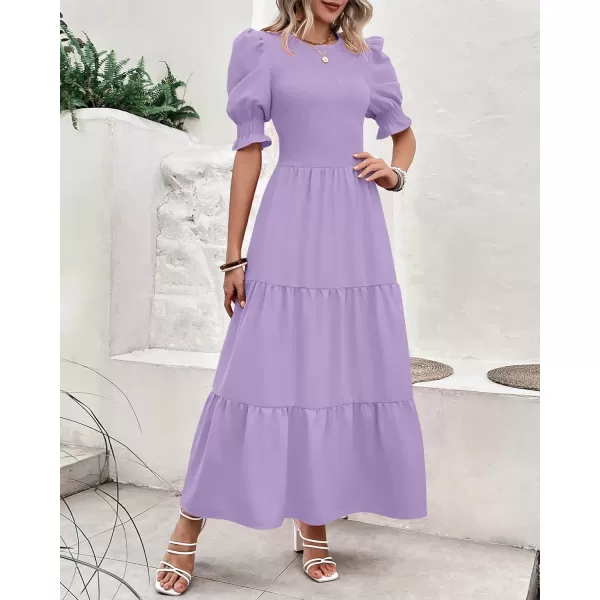 BTFBM Women Casual Summer Dresses 2024 Spring Crew Neck Ruffle Short Sleeve Floral Print Smocked Boho Flowy Maxi DressSolid Purple
