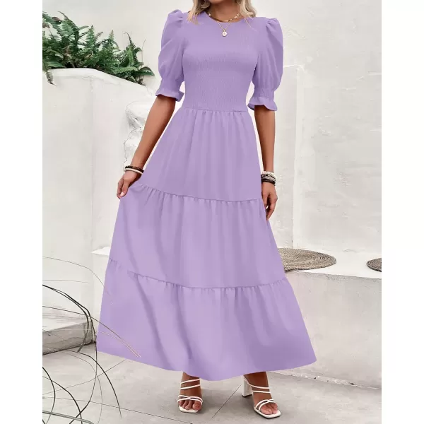 BTFBM Women Casual Summer Dresses 2024 Spring Crew Neck Ruffle Short Sleeve Floral Print Smocked Boho Flowy Maxi DressSolid Purple