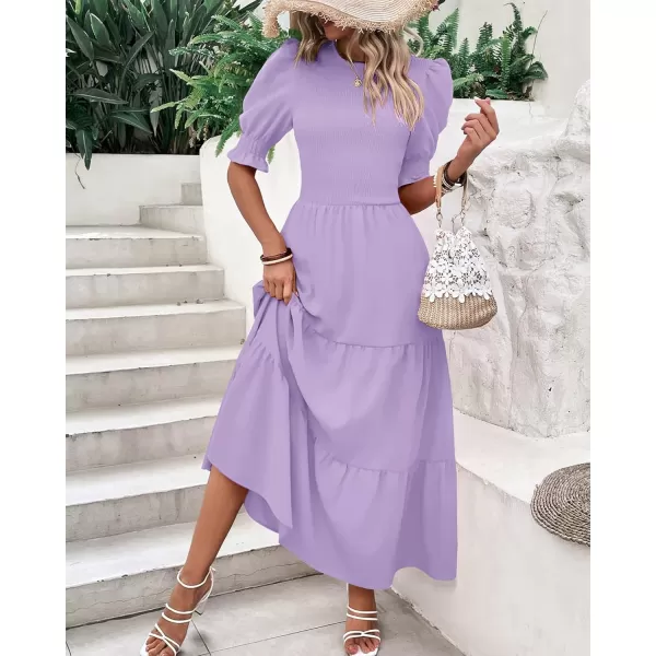 BTFBM Women Casual Summer Dresses 2024 Spring Crew Neck Ruffle Short Sleeve Floral Print Smocked Boho Flowy Maxi DressSolid Purple