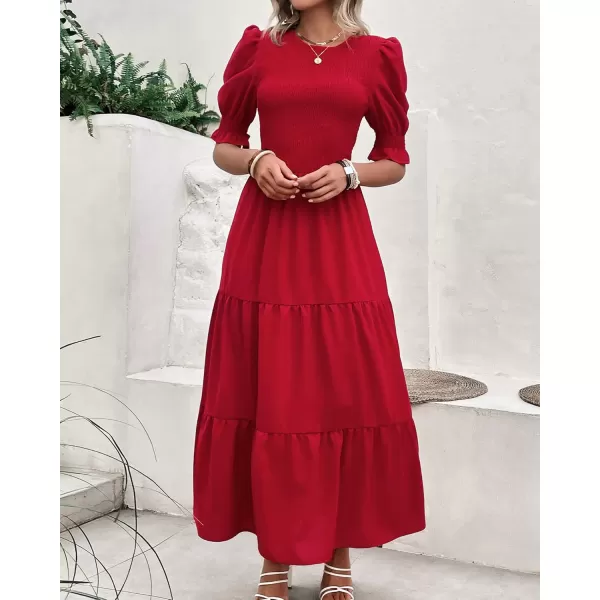BTFBM Women Casual Summer Dresses 2024 Spring Crew Neck Ruffle Short Sleeve Floral Print Smocked Boho Flowy Maxi DressSolid Red