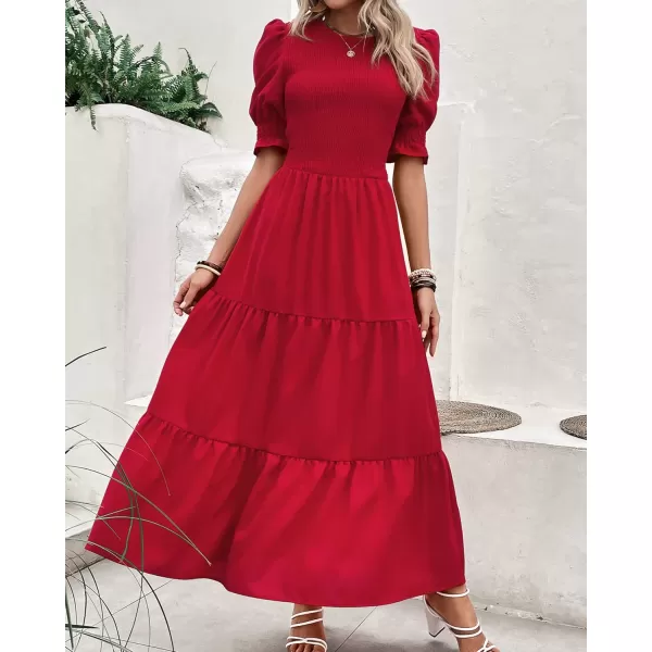 BTFBM Women Casual Summer Dresses 2024 Spring Crew Neck Ruffle Short Sleeve Floral Print Smocked Boho Flowy Maxi DressSolid Red