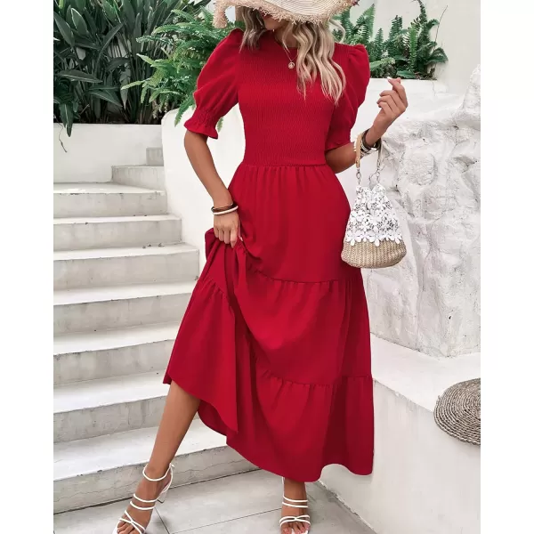 BTFBM Women Casual Summer Dresses 2024 Spring Crew Neck Ruffle Short Sleeve Floral Print Smocked Boho Flowy Maxi DressSolid Red