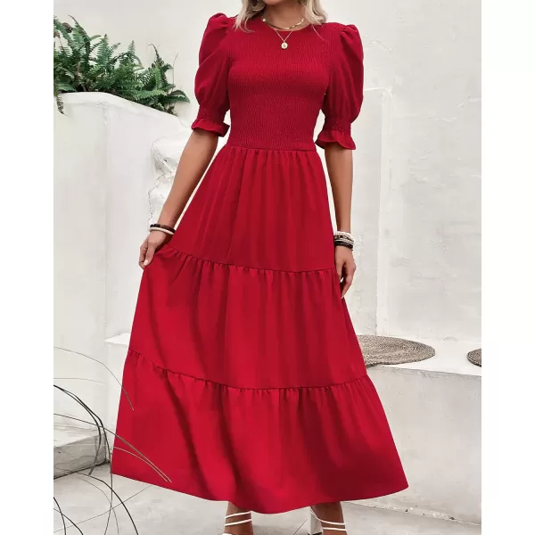 BTFBM Women Casual Summer Dresses 2024 Spring Crew Neck Ruffle Short Sleeve Floral Print Smocked Boho Flowy Maxi DressSolid Red