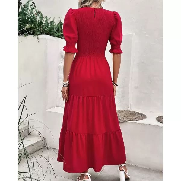 BTFBM Women Casual Summer Dresses 2024 Spring Crew Neck Ruffle Short Sleeve Floral Print Smocked Boho Flowy Maxi DressSolid Red