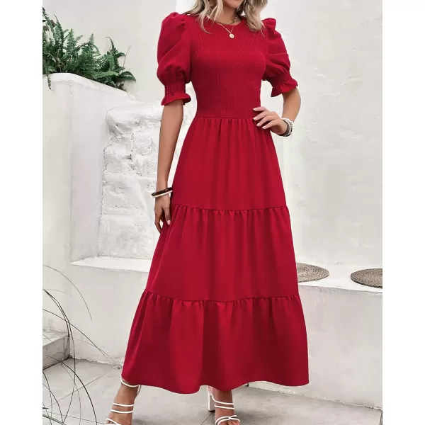 BTFBM Women Casual Summer Dresses 2024 Spring Crew Neck Ruffle Short Sleeve Floral Print Smocked Boho Flowy Maxi DressSolid Red