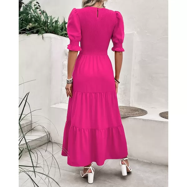BTFBM Women Casual Summer Dresses 2024 Spring Crew Neck Ruffle Short Sleeve Floral Print Smocked Boho Flowy Maxi DressSolid Rose Red