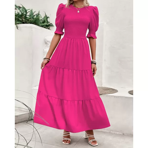 BTFBM Women Casual Summer Dresses 2024 Spring Crew Neck Ruffle Short Sleeve Floral Print Smocked Boho Flowy Maxi DressSolid Rose Red