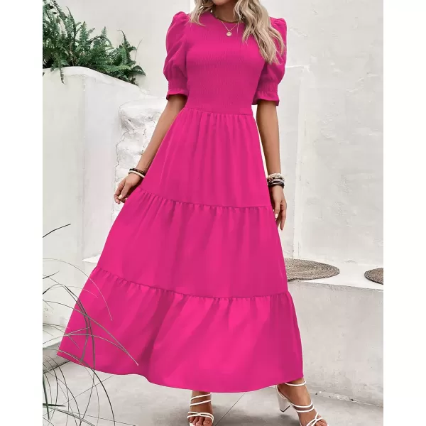 BTFBM Women Casual Summer Dresses 2024 Spring Crew Neck Ruffle Short Sleeve Floral Print Smocked Boho Flowy Maxi DressSolid Rose Red