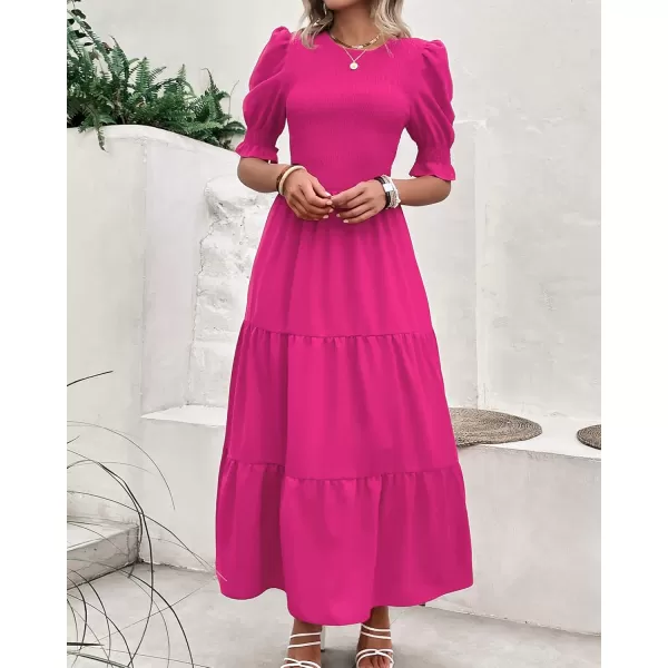 BTFBM Women Casual Summer Dresses 2024 Spring Crew Neck Ruffle Short Sleeve Floral Print Smocked Boho Flowy Maxi DressSolid Rose Red