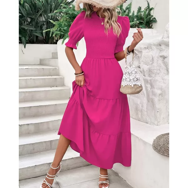 BTFBM Women Casual Summer Dresses 2024 Spring Crew Neck Ruffle Short Sleeve Floral Print Smocked Boho Flowy Maxi DressSolid Rose Red