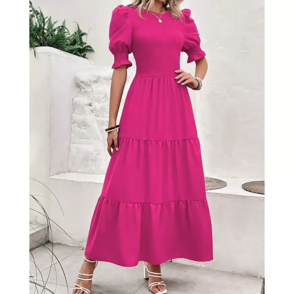 BTFBM Women Casual Summer Dresses 2024 Spring Crew Neck Ruffle Short Sleeve Floral Print Smocked Boho Flowy Maxi DressSolid Rose Red