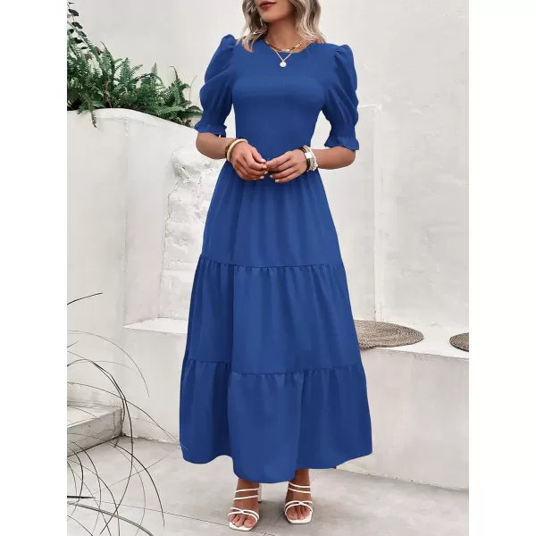 BTFBM Women Casual Summer Dresses 2024 Spring Crew Neck Ruffle Short Sleeve Floral Print Smocked Boho Flowy Maxi DressSolid Royal Blue