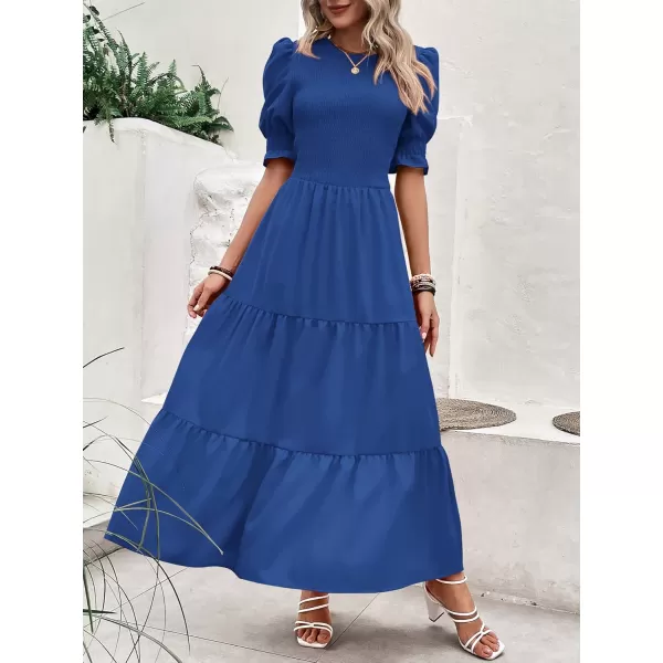 BTFBM Women Casual Summer Dresses 2024 Spring Crew Neck Ruffle Short Sleeve Floral Print Smocked Boho Flowy Maxi DressSolid Royal Blue