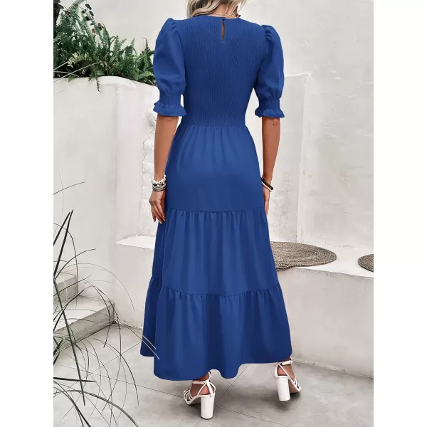 BTFBM Women Casual Summer Dresses 2024 Spring Crew Neck Ruffle Short Sleeve Floral Print Smocked Boho Flowy Maxi DressSolid Royal Blue