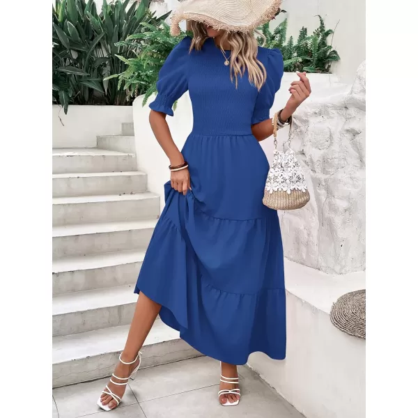 BTFBM Women Casual Summer Dresses 2024 Spring Crew Neck Ruffle Short Sleeve Floral Print Smocked Boho Flowy Maxi DressSolid Royal Blue