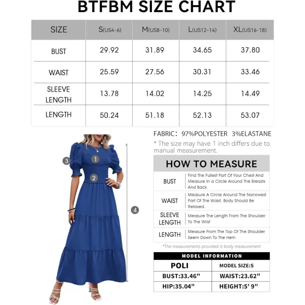 BTFBM Women Casual Summer Dresses 2024 Spring Crew Neck Ruffle Short Sleeve Floral Print Smocked Boho Flowy Maxi DressSolid Royal Blue