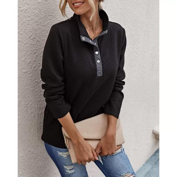 BTFBM Women Fashion Quilted Pattern Lightweight Zipper Long Sleeve Plain Casual Ladies Sweatshirts Pullovers Shirts TopsButton Black