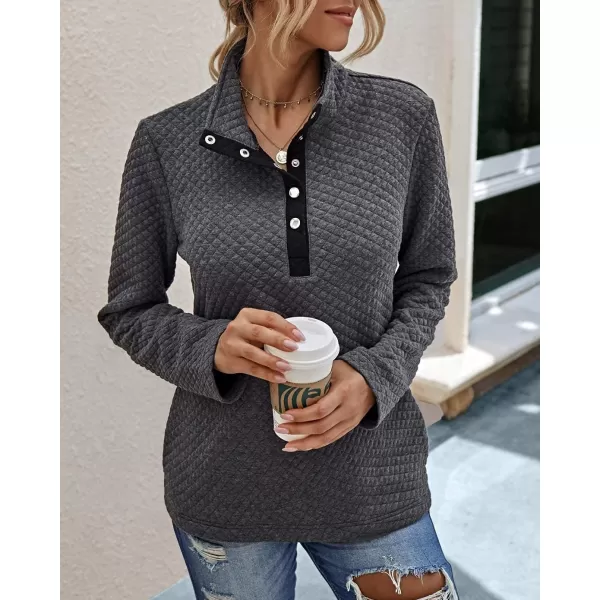 BTFBM Women Fashion Quilted Pattern Lightweight Zipper Long Sleeve Plain Casual Ladies Sweatshirts Pullovers Shirts TopsButtons Grey