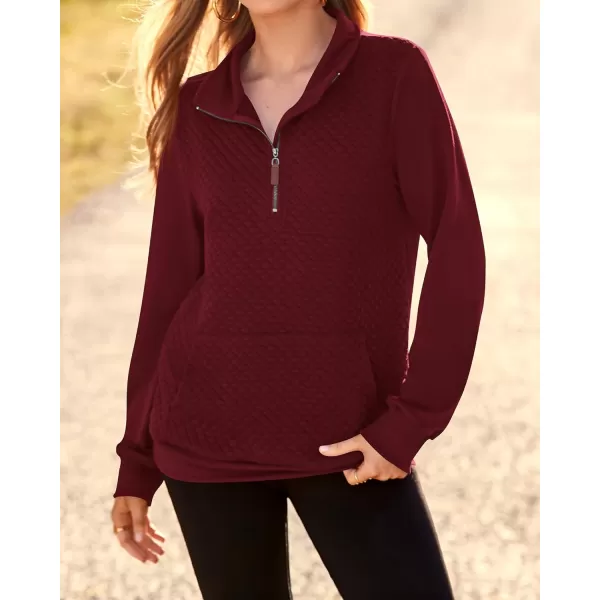 BTFBM Women Fashion Quilted Pattern Lightweight Zipper Long Sleeve Plain Casual Ladies Sweatshirts Pullovers Shirts TopsWine Red