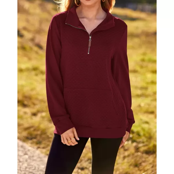BTFBM Women Fashion Quilted Pattern Lightweight Zipper Long Sleeve Plain Casual Ladies Sweatshirts Pullovers Shirts TopsWine Red
