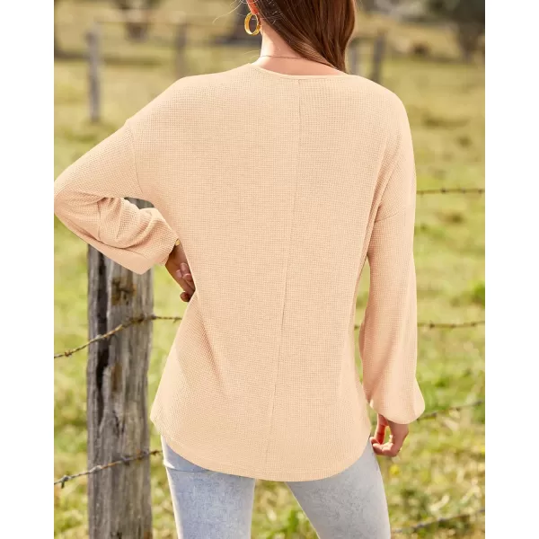 BTFBM Women Long Sleeve Shirts 2024 Fall Fashion V Neck Loose Casual Blouse Deco Button Lightweight Waffle Knit PulloverApricot