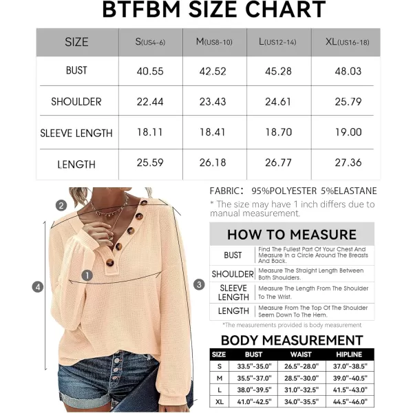 BTFBM Women Long Sleeve Shirts 2024 Fall Fashion V Neck Loose Casual Blouse Deco Button Lightweight Waffle Knit PulloverApricot