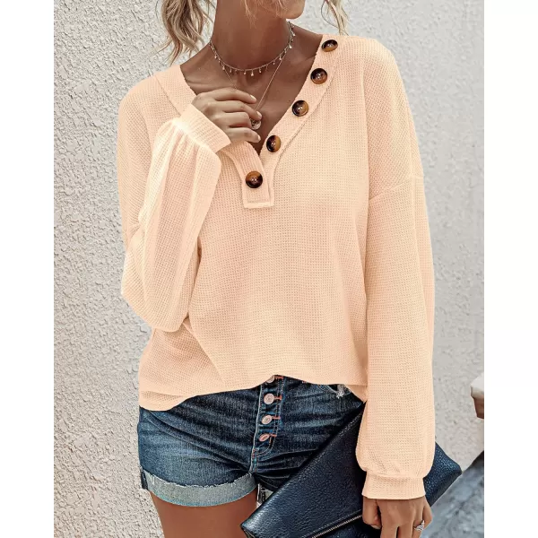 BTFBM Women Long Sleeve Shirts 2024 Fall Fashion V Neck Loose Casual Blouse Deco Button Lightweight Waffle Knit PulloverApricot