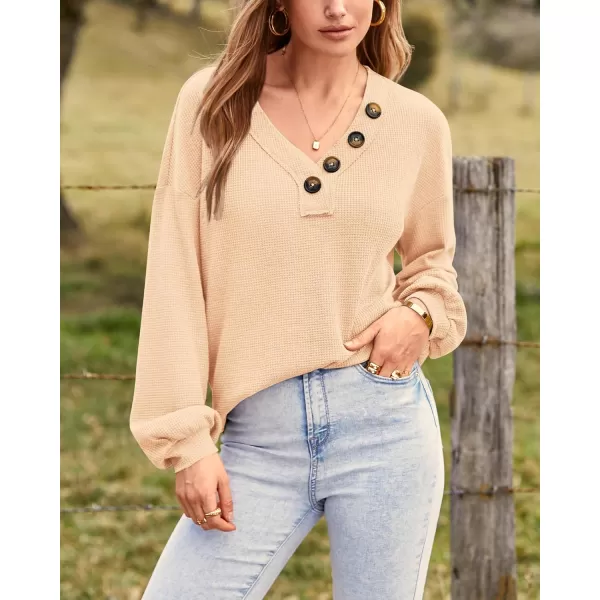 BTFBM Women Long Sleeve Shirts 2024 Fall Fashion V Neck Loose Casual Blouse Deco Button Lightweight Waffle Knit PulloverApricot