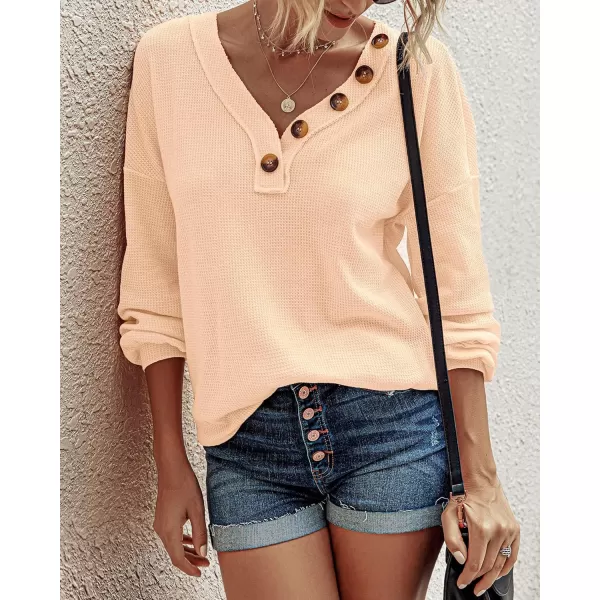 BTFBM Women Long Sleeve Shirts 2024 Fall Fashion V Neck Loose Casual Blouse Deco Button Lightweight Waffle Knit PulloverApricot