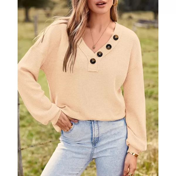 BTFBM Women Long Sleeve Shirts 2024 Fall Fashion V Neck Loose Casual Blouse Deco Button Lightweight Waffle Knit PulloverApricot